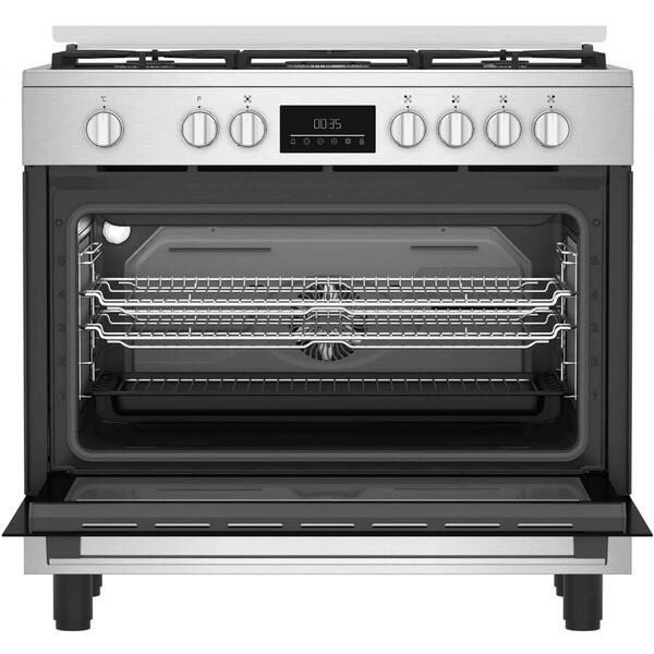 Aragaz mixt Beko BGM11226EX, 5 zone de gatit, 7 functii, Wok, 114 l, Gratare din fonta, Clasa A+, 90 cm, Inox