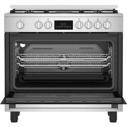 Aragaz mixt Beko BGM11226EX, 5 zone de gatit, 7 functii, Wok, 114 l, Gratare din fonta, Clasa A+, 90 cm, Inox