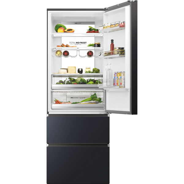 Combina frigorifica Haier HTW7720ENMB, 483 L, Total No frost, Motor Inverter, Conectivitate WiFi + Bluetooth, Display Led, Multiflow column, Super cooling, Super freezing, Clasa E, H 201 cm, Negru