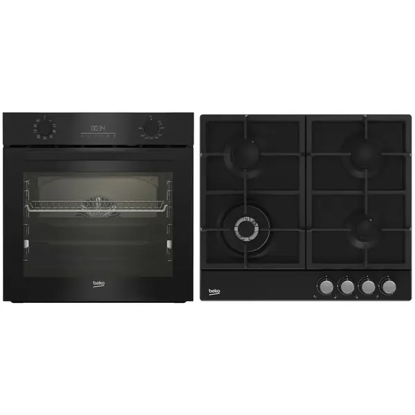 Pachet incorporabil Beko BBSM17330BCS, Electric, 71 l, Clasa A, Autocuratare catalitica, SoftClose door,Timer, Negru + Plita incorporabila Beko , Gaz, 4 arzatoare, Wok, Gratar din fonta, 60 cm, Negru