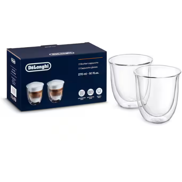 Set 2 pahare DeLonghi Cappuccino DLSC311 2x270ml Sticla termorezistenta, Transparente