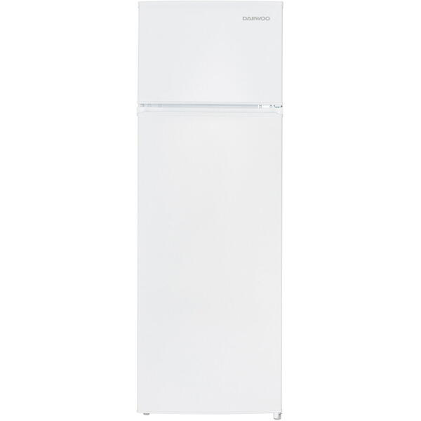 Frigider cu 2 usi Daewoo Static, congelatorul sus, volum net 235L, control mecanic, usi reversibile, raft pentru sticle, clasa E, Alb