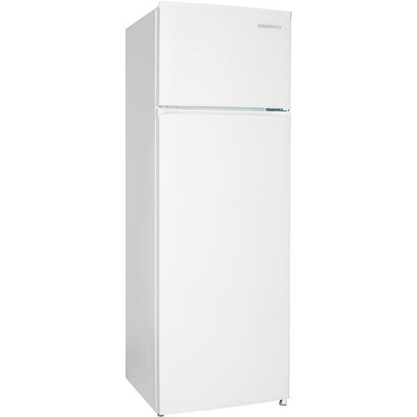 Frigider cu 2 usi Daewoo Static, congelatorul sus, volum net 235L, control mecanic, usi reversibile, raft pentru sticle, clasa E, Alb