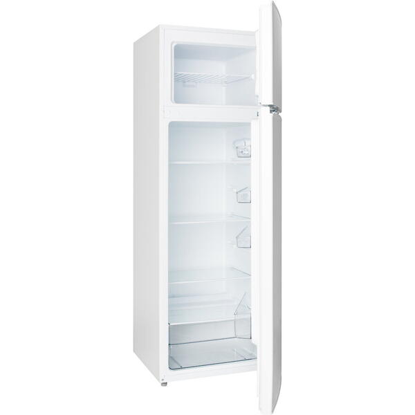 Frigider cu 2 usi Daewoo Static, congelatorul sus, volum net 235L, control mecanic, usi reversibile, raft pentru sticle, clasa E, Alb