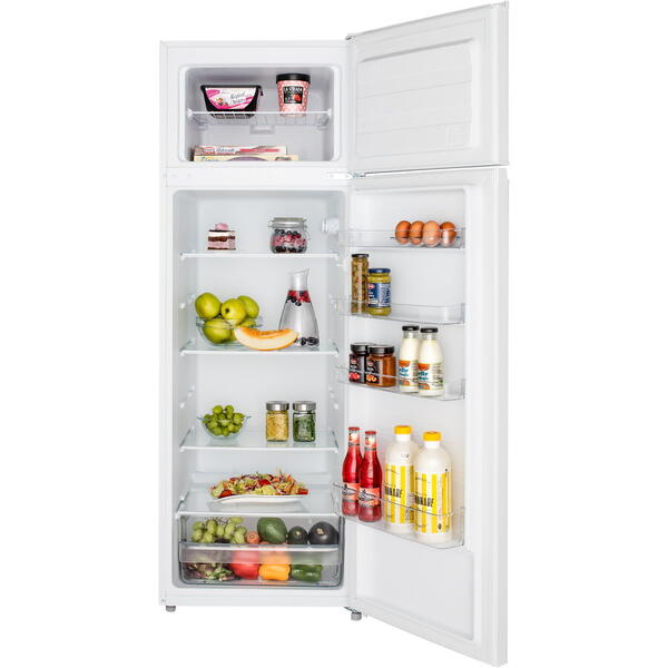 Frigider cu 2 usi Daewoo Static, congelatorul sus, volum net 235L, control mecanic, usi reversibile, raft pentru sticle, clasa E, Alb