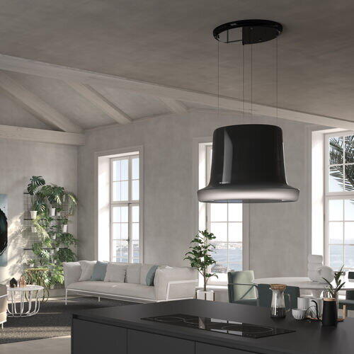 Hota insula Faber GLOW BK GLOSS, 640 m3h, 68 dB, 1 motor, filtru aluminiu, LED banda, touch, clasa A, diametru 64 cm, Negru