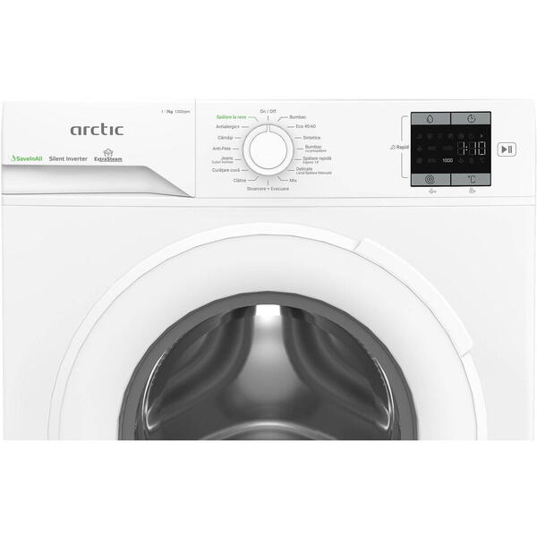 Masina de spalat rufe Arctic APLM1WFSU17210W, 7 Kg, 1200 RPM, Clasa energetica A, Motor Silent Inverter, ExtraSteam, IronExpress, Steam, WaterMode, Prewash, Add-In, Alb