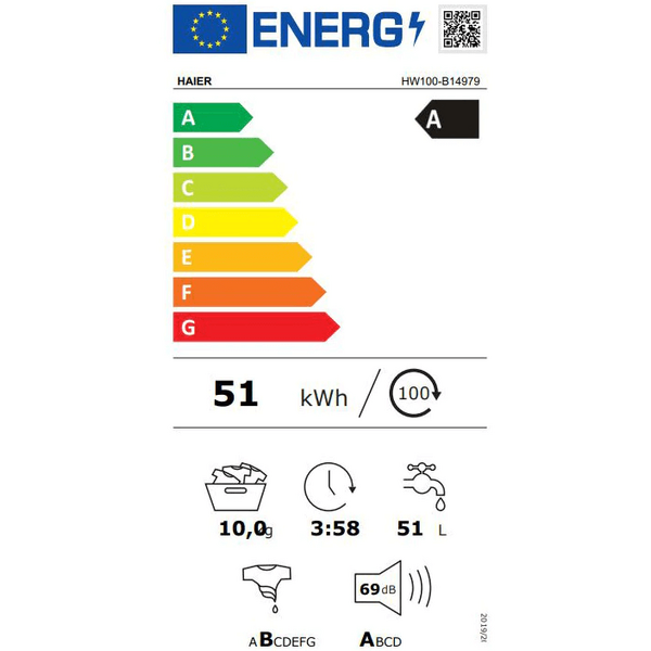 Masina de spalat rufe Haier HW100-B14979-S, 10 kg, 1400 rpm, Clasa A, Motor Direct Motion, Refresh, ABT, Steam, Dual spray, Pillow Drum, iTime, Smart Detecting, Alb