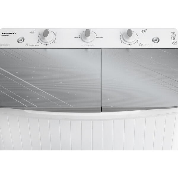 Masina de spalat rufe semiautomata Daewoo DSWM 5.3S, Capacitate rufe uscate 5 Kg, Capacitate rufe storcere 2.5 Kg, Alb/Silver
