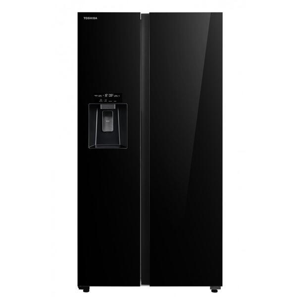 Side by side Toshiba, clasa energetica E, volum net total 568 (371+197) litri, No Frost, Ice Maker 3 in 1, Wifi, design Inox Negru