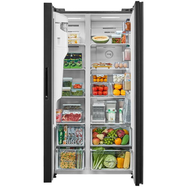 Side by side Toshiba, clasa energetica E, volum net total 568 (371+197) litri, No Frost, Ice Maker 3 in 1, Wifi, design Inox Negru