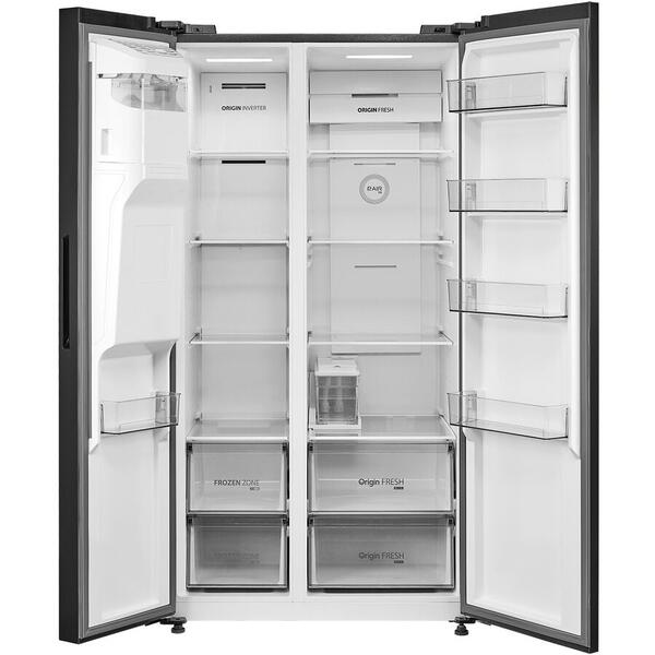 Side by side Toshiba, clasa energetica E, volum net total 568 (371+197) litri, No Frost, Ice Maker 3 in 1, Wifi, design Inox Negru