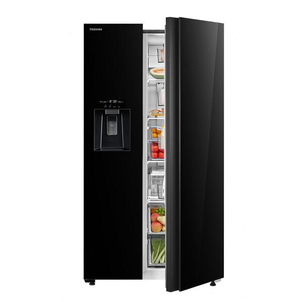 Side by side Toshiba, clasa energetica E, volum net total 568 (371+197) litri, No Frost, Ice Maker 3 in 1, Wifi, design Inox Negru