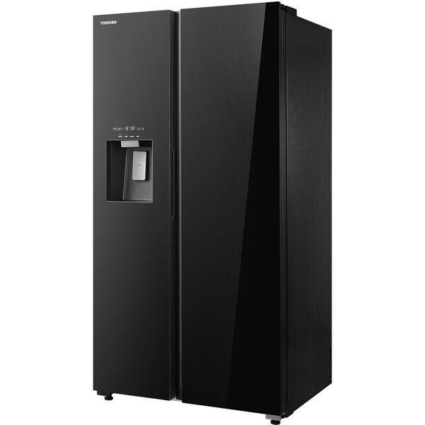 Side by side Toshiba, clasa energetica E, volum net total 568 (371+197) litri, No Frost, Ice Maker 3 in 1, Wifi, design Inox Negru