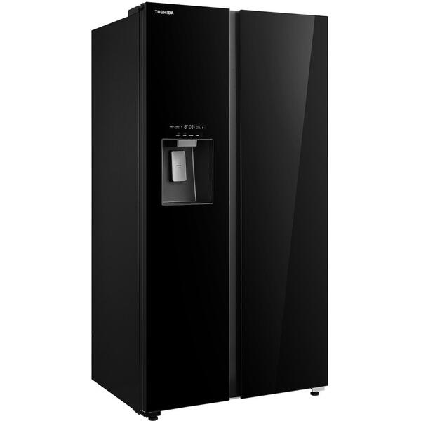 Side by side Toshiba, clasa energetica E, volum net total 568 (371+197) litri, No Frost, Ice Maker 3 in 1, Wifi, design Inox Negru