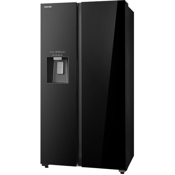 Side by side Toshiba, clasa energetica E, volum net total 568 (371+197) litri, No Frost, Ice Maker 3 in 1, Wifi, design Inox Negru