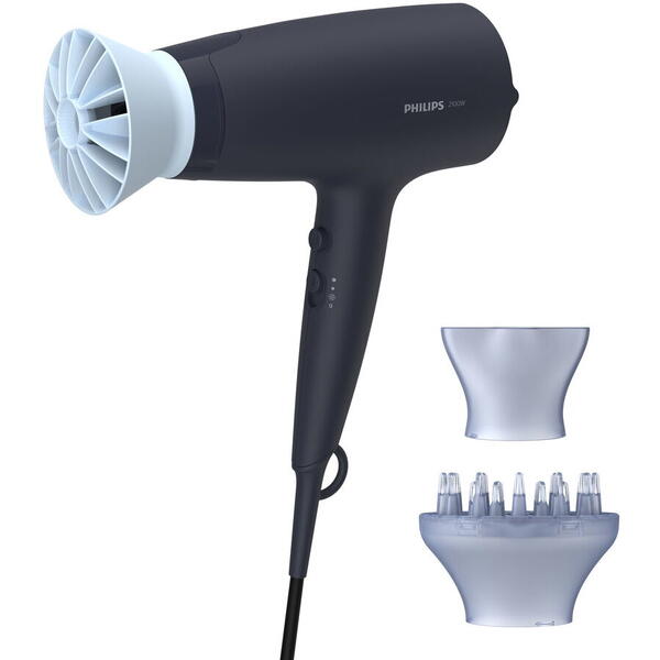 Uscator de par Philips BHD360/20, 2100W, accesoriu Thermo Protect, ingrijire cu ioni, 6 setari de viteza/temperatura, cap de coafare 14 mm, difuzor, Albastru inchis