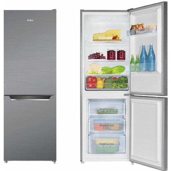 Combina frigorifica Amica FK2425.4UNTX, H 160 cm, 227 L, Usa dubla, Clasa E, Otel inoxidabil