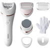 Epilator umed si uscat Philips Seria 8000 BRE730/10, 7 accesorii, 32 pensete, utilizare fara fir, 2 setari viteza, opti-light, discuri ceramice, Argintiu