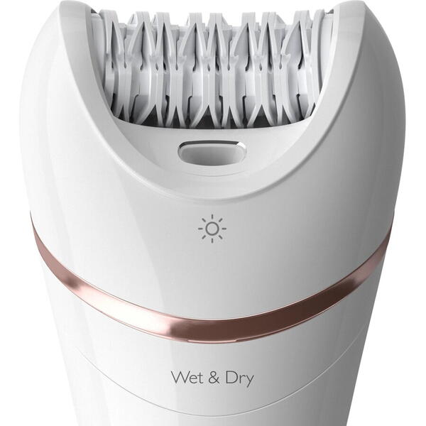 Epilator umed si uscat Philips Seria 8000 BRE730/10, 7 accesorii, 32 pensete, utilizare fara fir, 2 setari viteza, opti-light, discuri ceramice, Argintiu