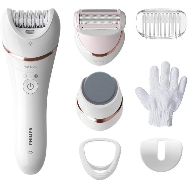 Epilator umed si uscat Philips Seria 8000 BRE730/10, 7 accesorii, 32 pensete, utilizare fara fir, 2 setari viteza, opti-light, discuri ceramice, Argintiu