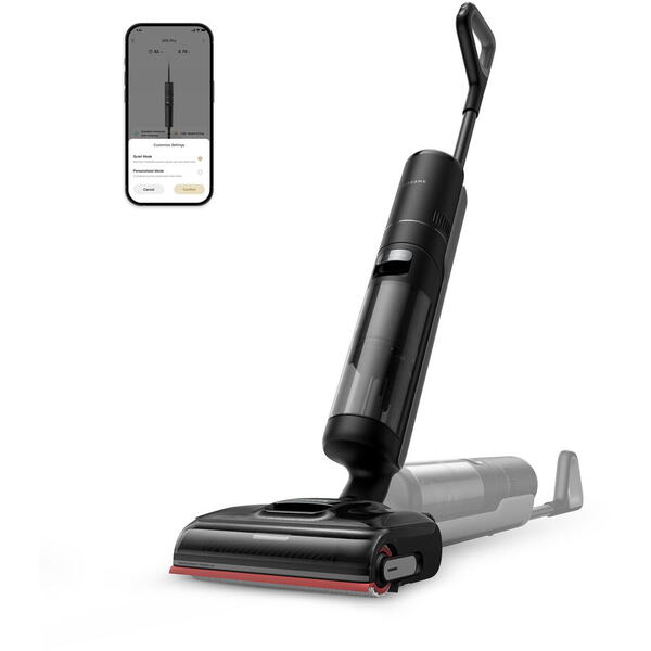 Dreame H15 Pro aspirator vertical fara fir pentru curatare uscata si umeda, 400W, 21.000Pa, autonomie 60min, rezervor apa curata 780ml, apa murdara 700ml, AI robotic arm GapFree, TangleCut, ThermoTub 100C, ecran LCD, negru