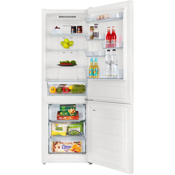 Combina frigorifica Total No Frost Daewoo volum net 310L (224/86), clasa E, control electronic, iluminare LED, nivel zgomot redus 41 dB, inghetare rapida, Alb