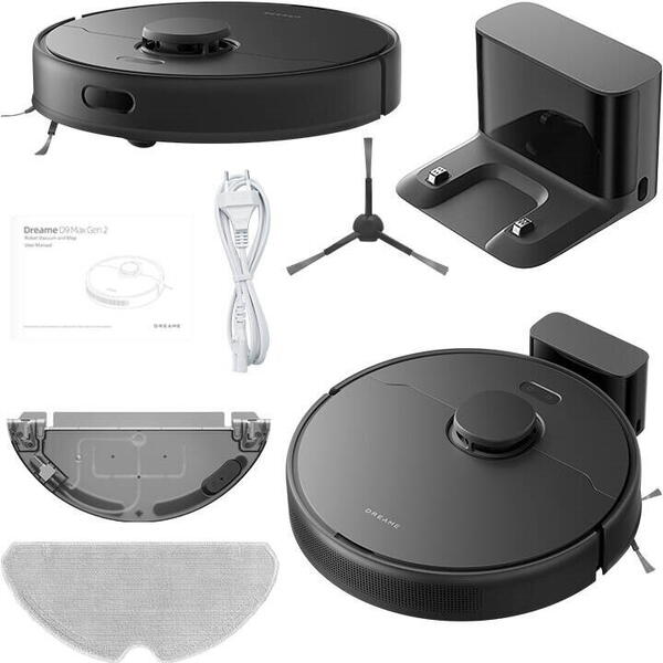 Aspirator robot Dreame RLD34GA-BK D9 Max Gen2 6000Pa, mop 2-in-1, navigatie LDS, rezervor praf 570 ml, apa 235 ml, baterie 5200mAh, autonomie 285 min, control app + vocal, perie flotanta anti-incurcare, negru