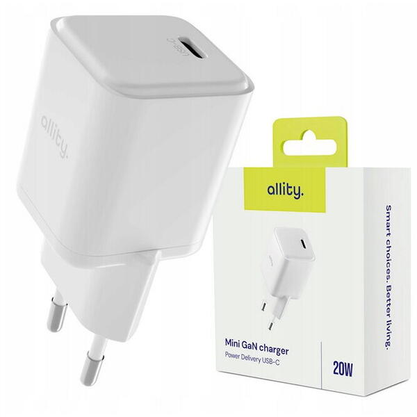 Incarcator Retea Allity  ATC-01-20WC GaN PD QC 1x USB-C 20W Alb