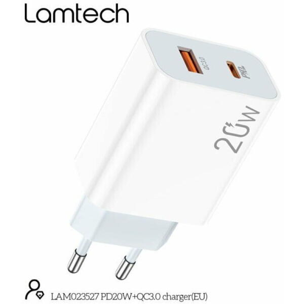 Incarcator retea Lamtech QC3.0 PD 20W 1xUSB 1xUSB Type-C Alb