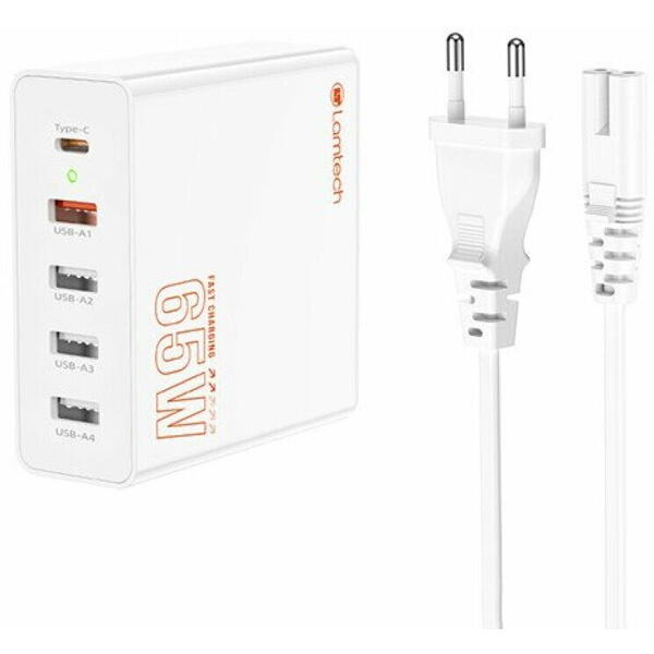 Incarcator retea Lamtech GaN Fast Charge PD 65W 1xUSB Type-C 4xUSB QC3.0 Alb