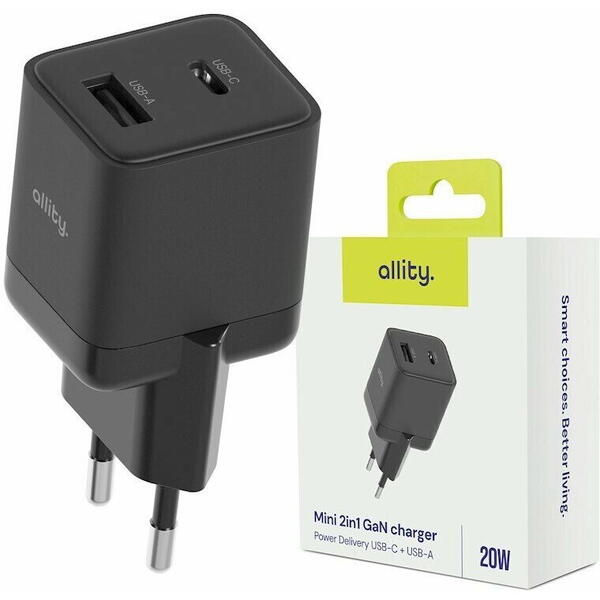 Incarcator Retea Allity  ATC-01-20WAC GaN PD QC 1x USB-C 1x USB-A 20W Negru