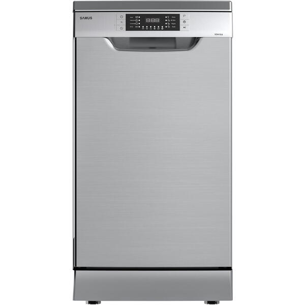 Masina de spalat vase Samus SDX410.8, 10 seturi, Latime 45 cm, 8 Programe, Clasa energetica E, Afisaj electronic, Pornire intarziata, Inox/Argintiu