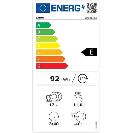 Masina de spalat vase Samus SDSB612.6, 12 seturi, 6 Programe, Latime 60 cm, Clasa energetica E, Control electronic leduri, Argintiu