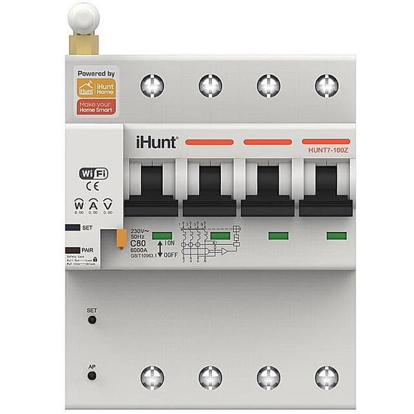 Siguranta automata inteligenta cu contorizare iHunt Home WIFI Smart Metering Leakage Circuit Breaker 4P 16A, WiFi, 4 poli, 3P+N, 16A, iHunt Home App
