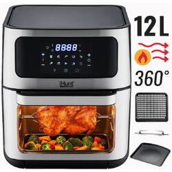 Friteuza cu aer cald si rotisor fara ulei iHunt Bro Air Fryer 12L Rotary, 1800W, Carcasa Inox Premum, 10 functii de gatire + rotisor fara ulei, Temperatura Ajustabila, Decongelare, Silver
