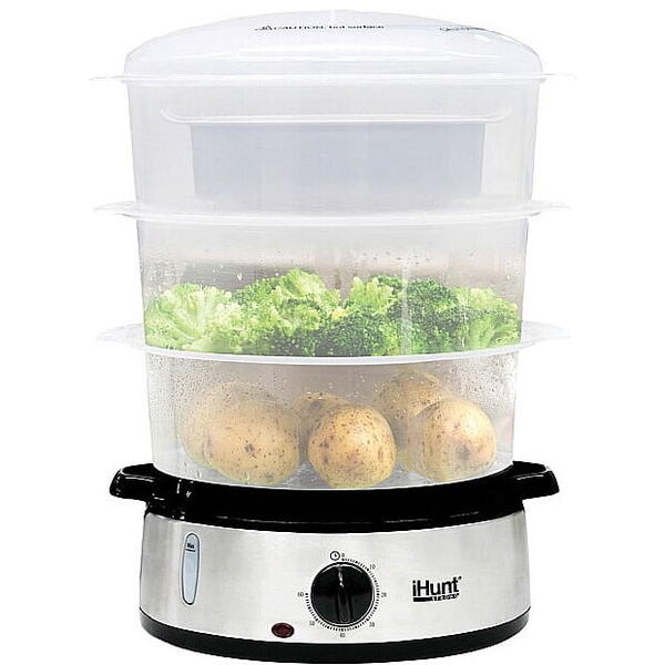Aparat de gatit cu aburi iHunt Bro Food Steamer XXL 9L, 800 W, Timer 60 min, 3 Cosuri gatire, Protectie supraincalzire, Mentinere la cald, Indicator Apa, Silver