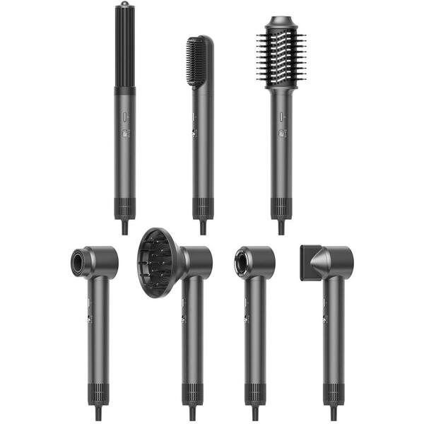 Uscator de par profesional iHunt Femme 7 în 1 HD4 Pro, 1300W, 3 viteze, 4 temperaturi, gri metalizat, 30.5x6.5x5.8cm, set 7 accesorii incluse