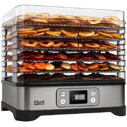 Aparat de deshidratat si uscat alimente iHunt Bro Dehydrator 3-in-1, 250W, 5 tavi, Termostat, Programare, Temperatura pana la 70 grade C, Grey