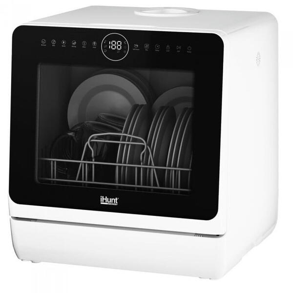 Masina de spalat vase compacta iHunt Bro Dishwasher Xpert, Turbo Clean, 950W, Pompa Evacuare, Control Digital, Clasa B, 6 Programe, Incalzire / Uscare, Alimentare apa robinet / manual, Rezervor Economic Apa 5l, 45cm, Alb