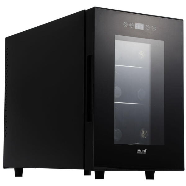 Racitor pentru vin iHunt Wine Cooler, 30W, 16l, 6 sticle, Panou control tactil cu afisaj electronic, Geam Dublu Securizat Anti UV, Negru