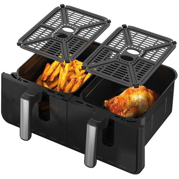 Friteuza cu aer cald iHunt Bro Dual Zone Air Fryer 10L, 1100W + 1100W, Termostat, 10 Programe Presetate, Dezghetare, Timer, Oprire automata, Inox, Silvery Grey