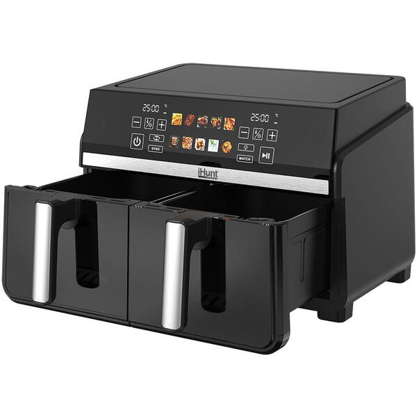 Friteuza cu aer cald iHunt Bro Dual Zone Air Fryer 10L, 1100W + 1100W, Termostat, 10 Programe Presetate, Dezghetare, Timer, Oprire automata, Inox, Silvery Grey
