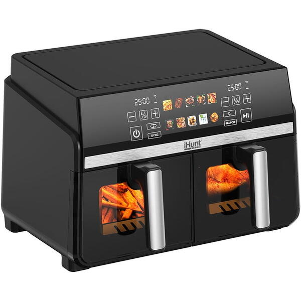 Friteuza cu aer cald iHunt Bro Dual Zone Air Fryer 10L, 1100W + 1100W, Termostat, 10 Programe Presetate, Dezghetare, Timer, Oprire automata, Inox, Silvery Grey