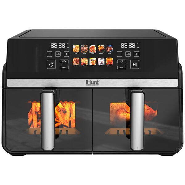 Friteuza cu aer cald iHunt Bro Dual Zone Air Fryer 10L, 1100W + 1100W, Termostat, 10 Programe Presetate, Dezghetare, Timer, Oprire automata, Inox, Silvery Grey