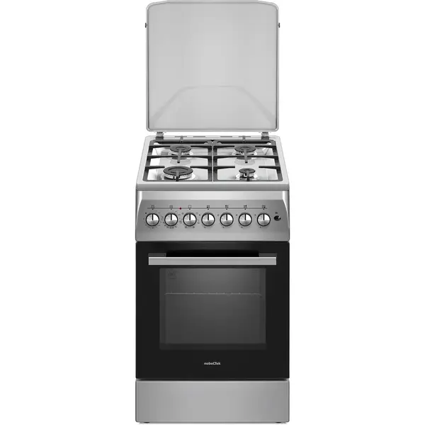 NobeLTek Cooking Aragaz Nobeltek NLT 5604IX/FE1, plita gaz si cuptor electric, ventilator, aprindere electrica plita, gratare fonta, siguranta plita, iluminare cuptor, timer, echipat cu diuze GN, diuze GPL de schimb, capac tabla, Argintiu
