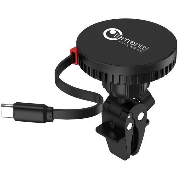Lemontti Suport Auto MagSafe Magnetic cu Incarcare wireless si cablu retractabil Type-C 1m, prindere ventilatie, Negru