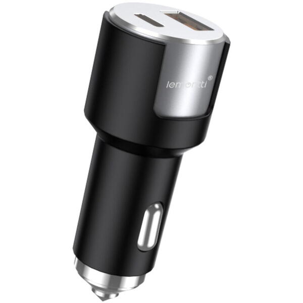 Lemontti Incarcator Auto Fast Charge 1 x port PD Type-C 20W + 1 x port USB-A QC 3.0 18W cu cablu Type-C la Type-C 20W, 1m, Negru/Argintiu