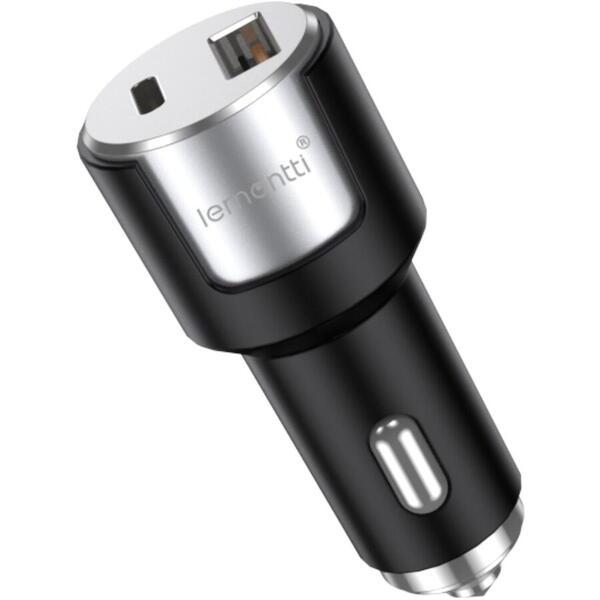 Lemontti Incarcator Auto Fast Charge 1 x port PD Type-C 20W + 1 x port USB-A QC 3.0 18W cu cablu Type-C la Type-C 20W, 1m, Negru/Argintiu