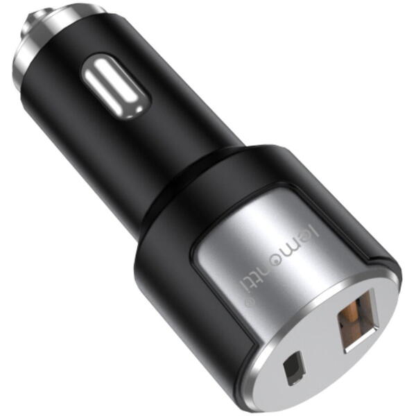 Lemontti Incarcator Auto Fast Charge 1 x port PD Type-C 20W + 1 x port USB-A QC 3.0 18W cu cablu Type-C la Type-C 20W, 1m, Negru/Argintiu